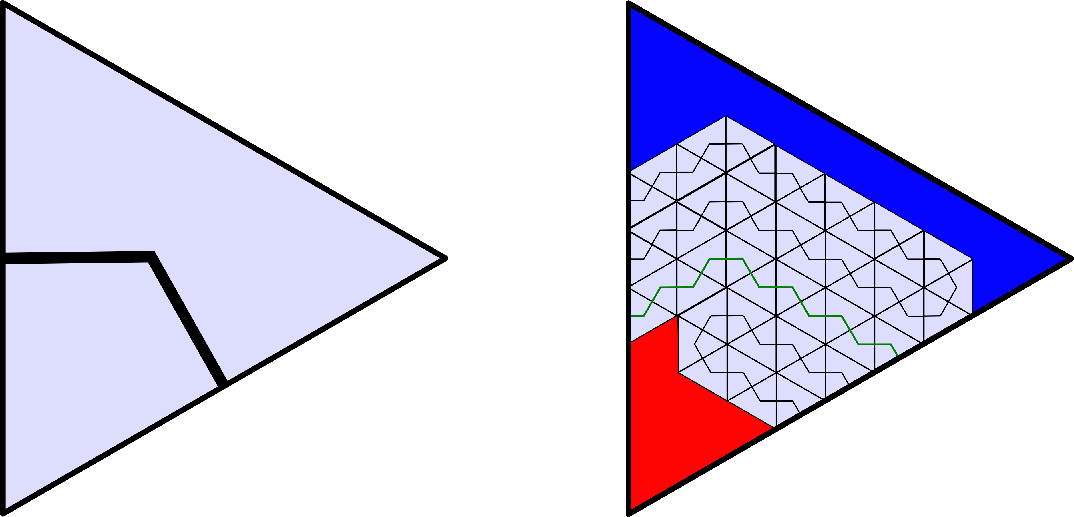 The blue and red regions in a triangle.